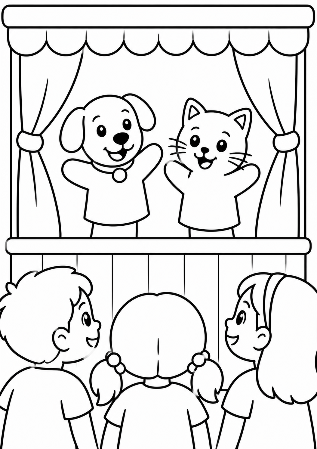 A vibrant coloring page depicting a puppet show with a dog and cat puppet entertaining smiling children, inviting imaginative and playful coloring.