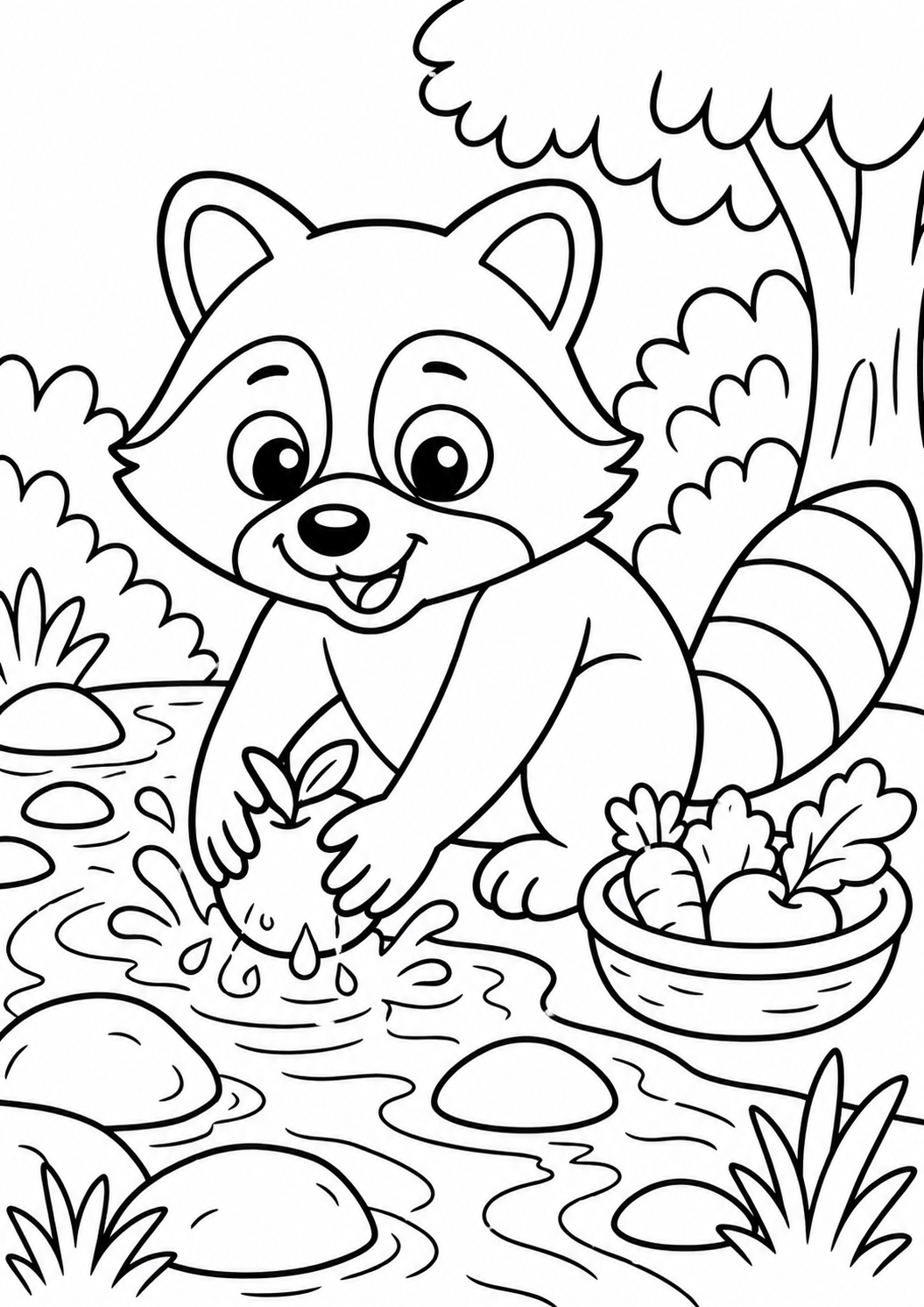 A cute raccoon washing an apple in a stream with a basket of vegetables nearby, set in a lush forest environment, perfect for children's coloring activities.