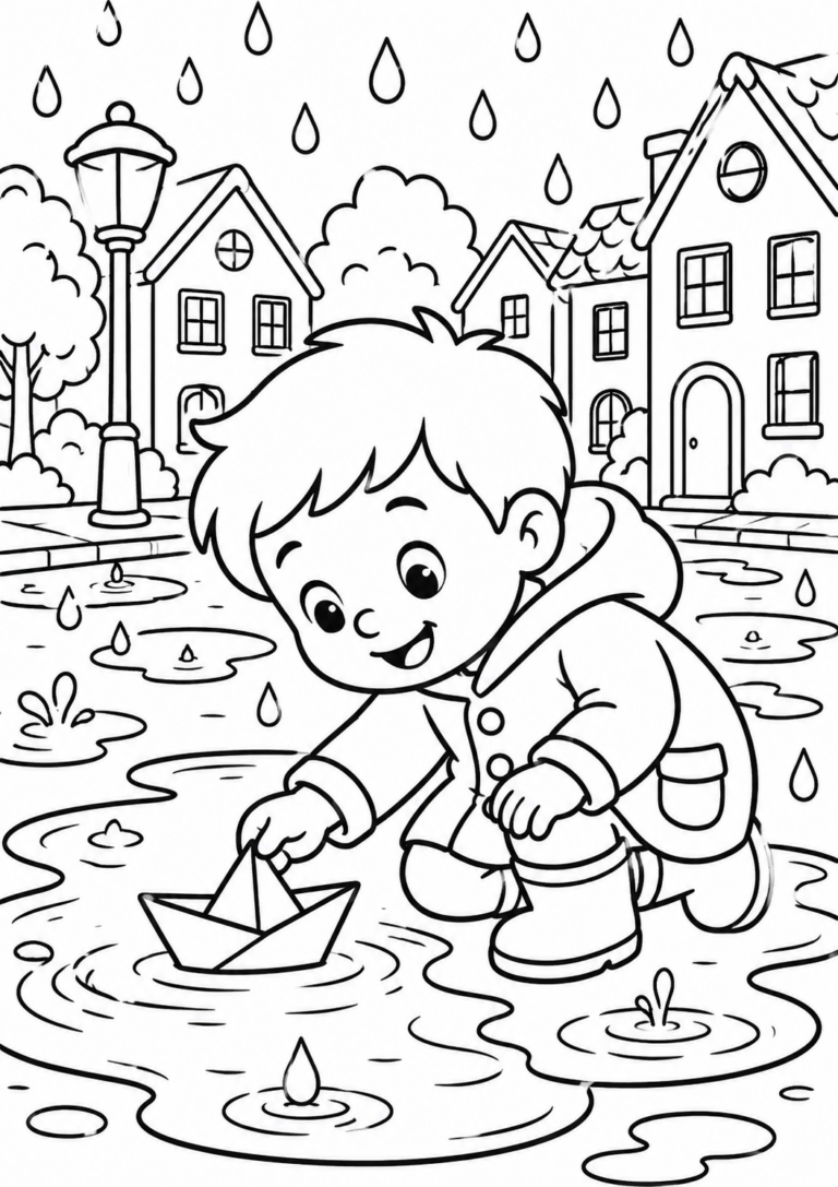 A cheerful child in a raincoat playing with a paper boat amidst puddles on a rainy day, surrounded by houses and falling raindrops, creating a joyful and imaginative scene.