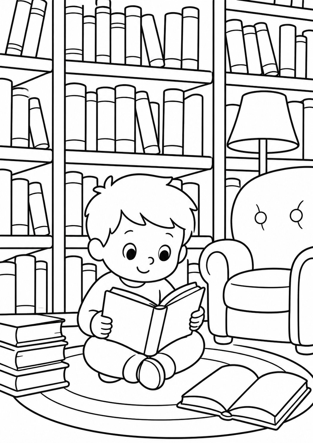 Children's coloring page showing a boy reading in a library setting. He sits on a rug with tall bookshelves behind him, capturing the cozy atmosphere of quiet study and imagination.