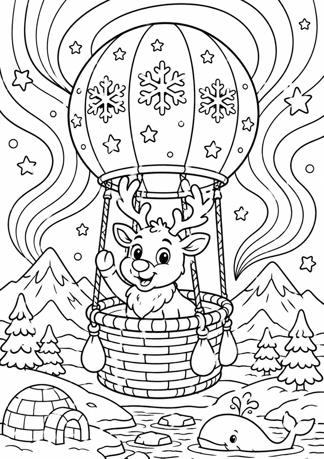 A coloring page of a joyful reindeer in a hot air balloon flying over landscapes with snow-covered mountains, igloo, and a whale, celebrating winter adventures.