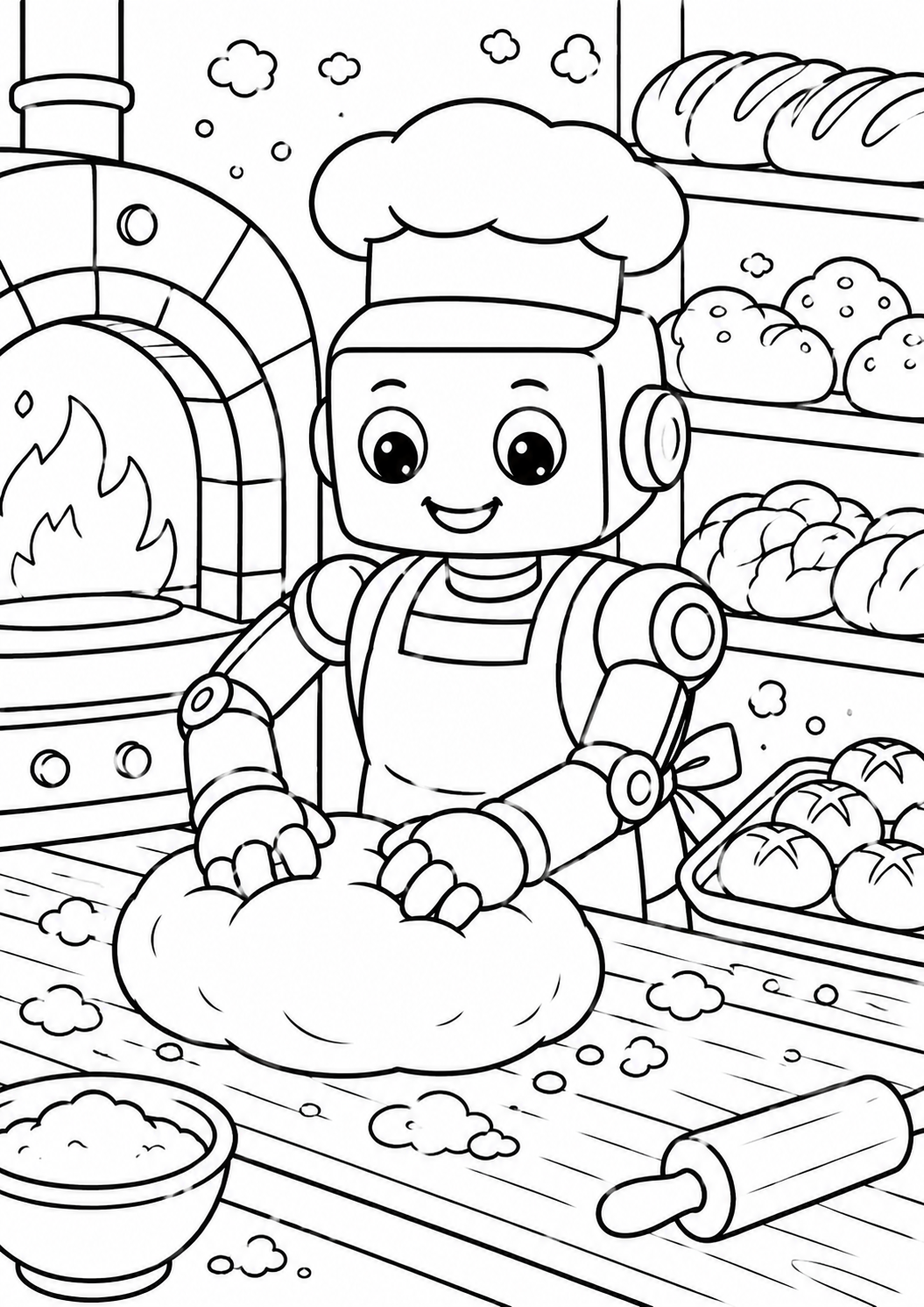 A robot baker kneads dough in a charming bakery scene. The robot is depicted with a chef hat and apron, surrounded by bread and a warm oven. This engaging image invites children to color the lively setting.