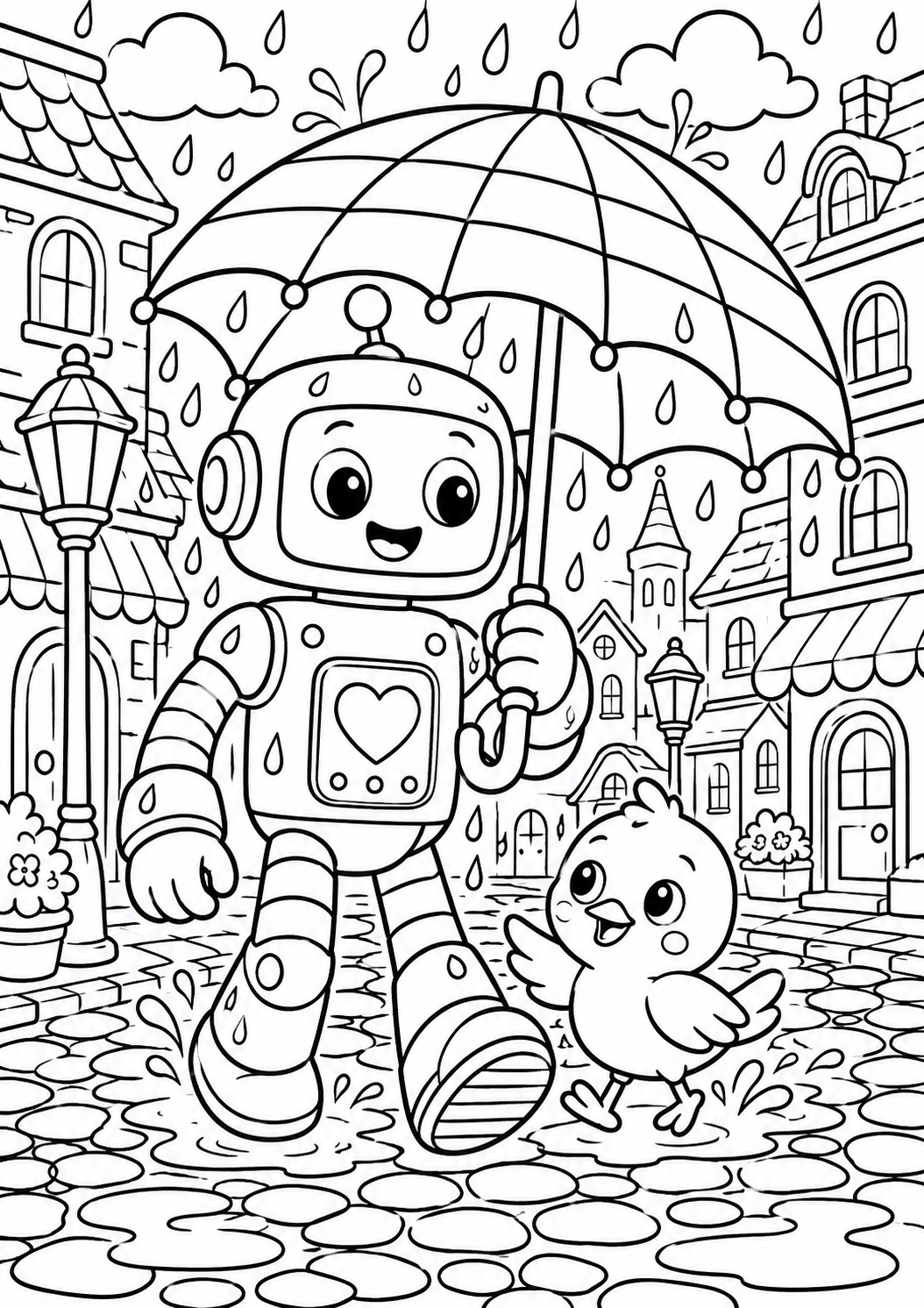A delightful coloring page showcasing a smiling robot holding an umbrella in a rainy village setting with a small, happy bird by its side, perfect for children's coloring activities.