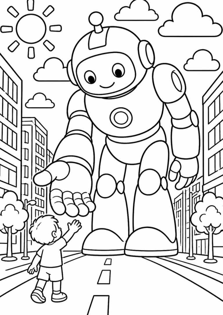 A large friendly robot greets a child in a city scene. The page includes buildings and a sunny sky, inviting creativity.