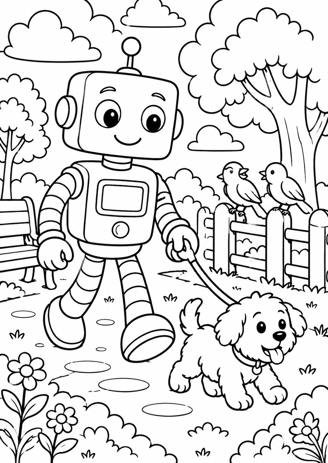 The coloring page shows a friendly robot walking a fluffy dog in a park. Trees, a bench, and birds enhance the serene atmosphere, offering kids a delightful coloring experience with various elements to bring to life with color.