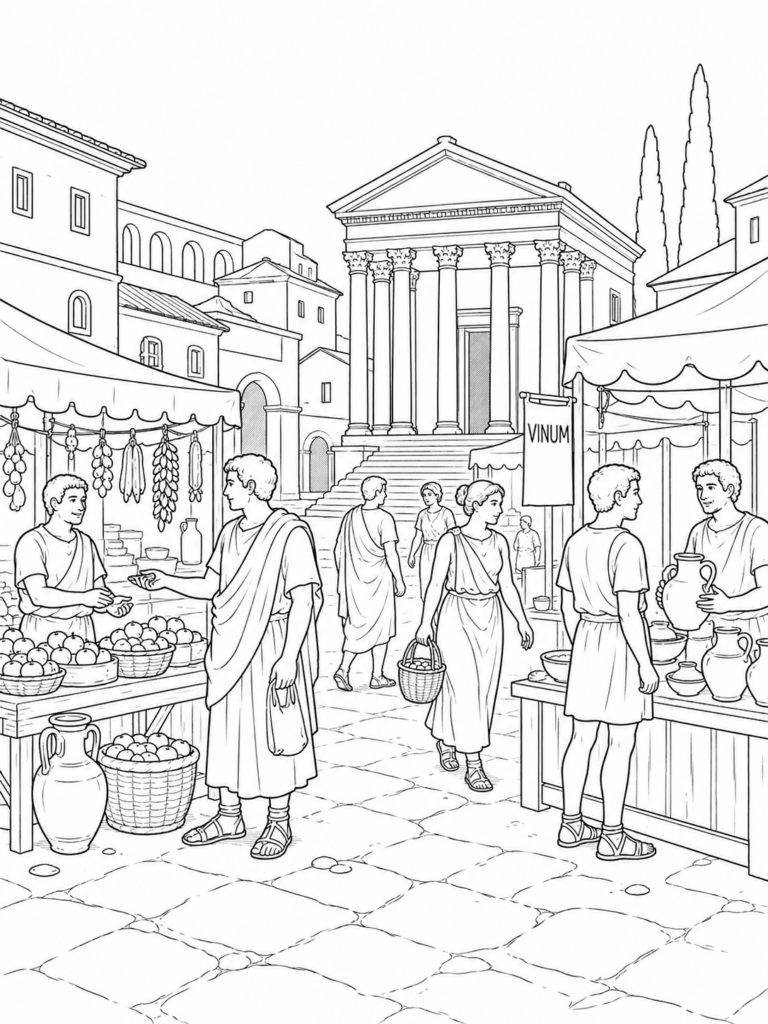Coloring page depicting a busy Roman marketplace. People are engaging in trade, surrounded by ancient Roman buildings, market stalls with fruits, pottery, and traditional Roman attire.