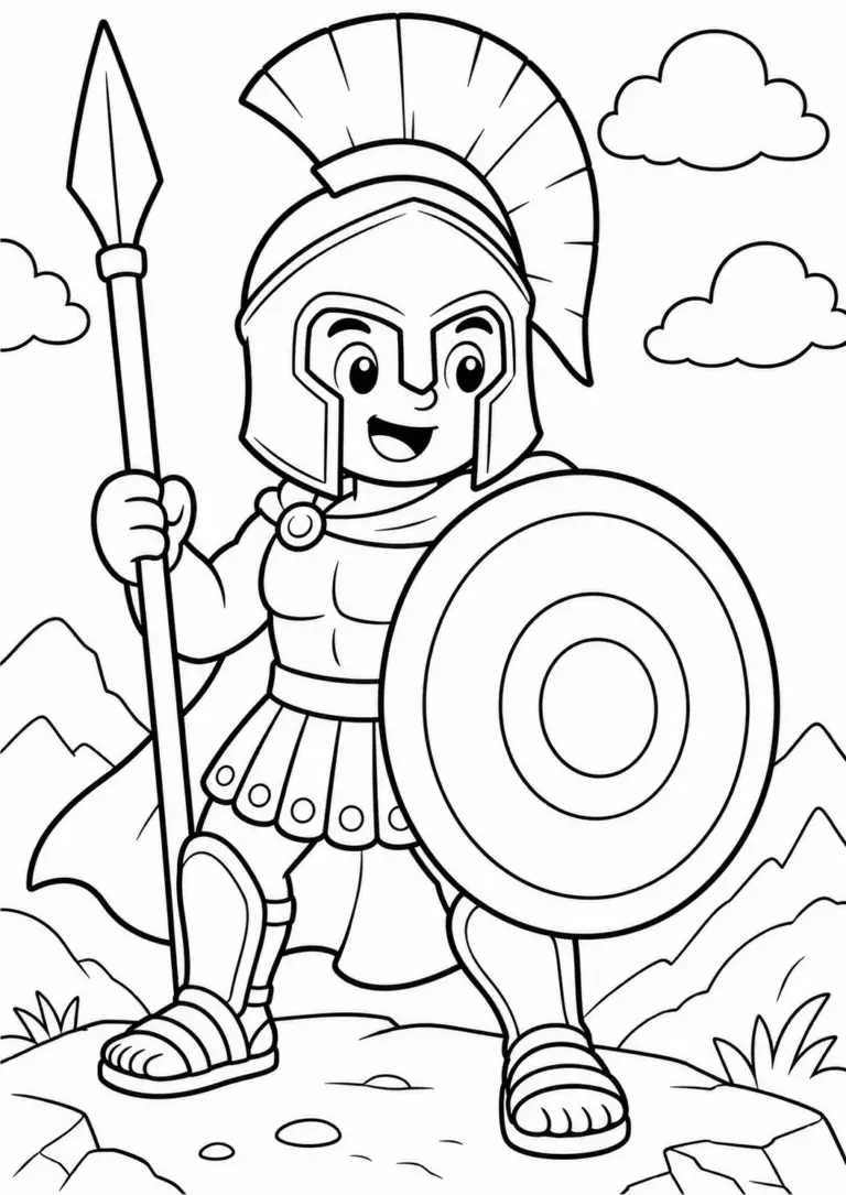 A Roman soldier with a shield and spear stands bravely on a rocky terrain, with clouds and mountains depicted in the background, perfect for coloring.