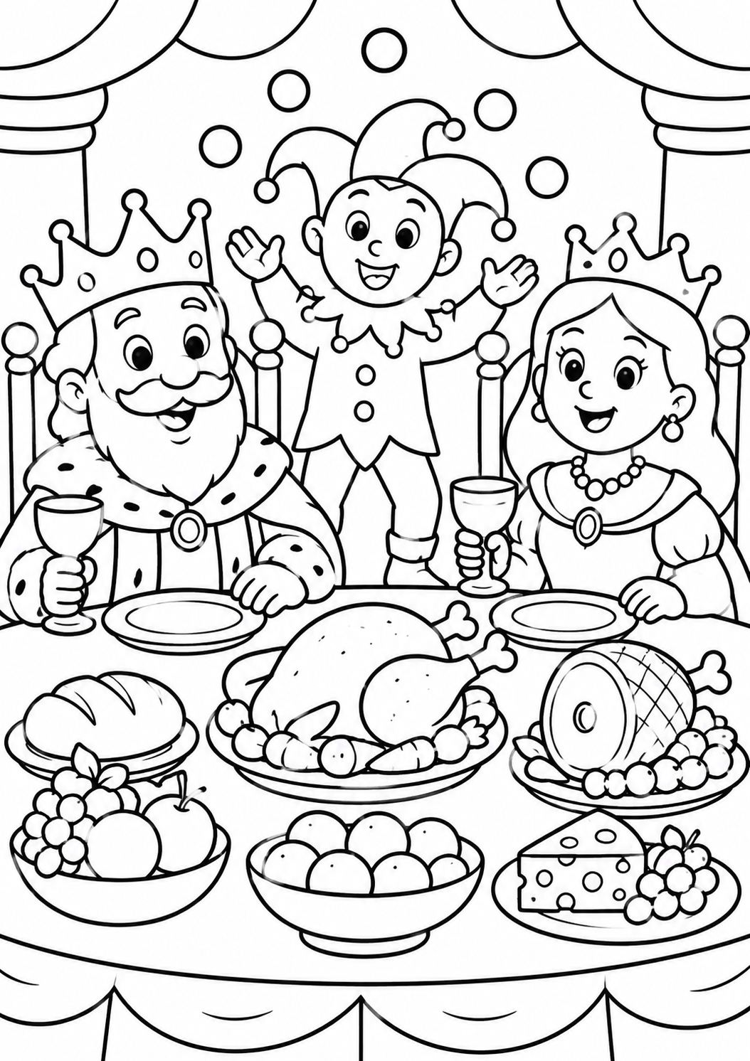 A coloring page showing a king, queen, and jester at a festive royal feast. The table includes a turkey, fruit, bread, cheese, and more. Kids can use bright colors to make this scene come alive with joy and festivity.