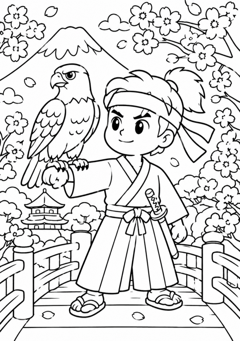 A young samurai with a sword and a hawk, surrounded by cherry blossoms and a traditional Japanese scene, ready for kids to color.