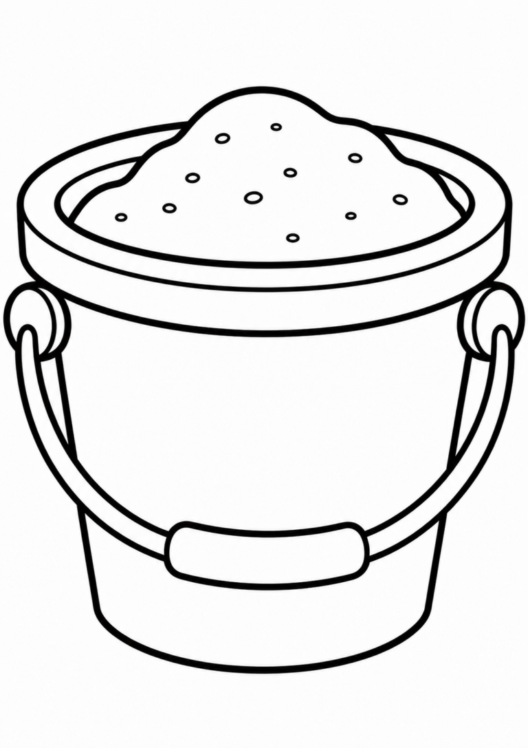A coloring page of a sand bucket with sand inside, showcasing a simple design with a handle, great for children's creative activities.