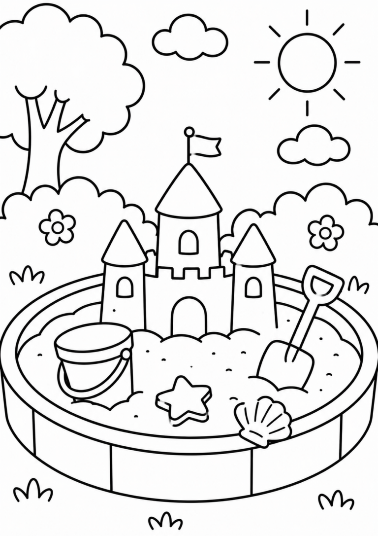 A sandbox scene with a sandcastle, bucket, and shovel, surrounded by a sunny sky and trees. Encourages coloring creativity in children providing a fun activity.