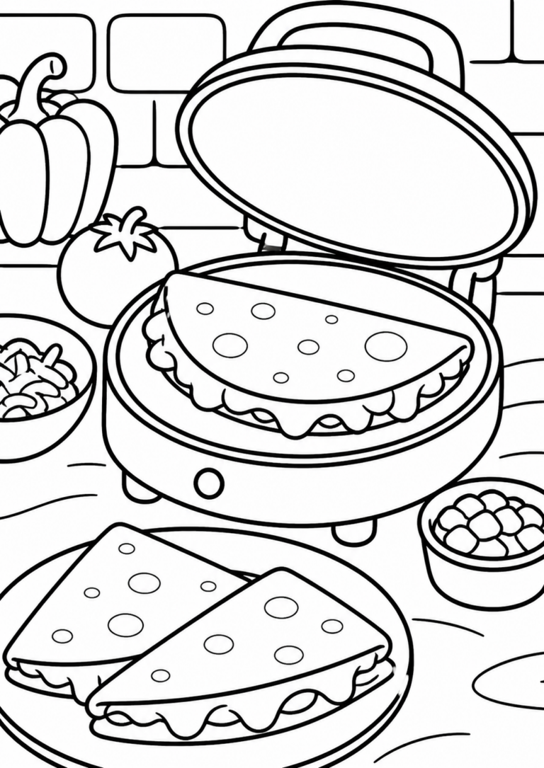 Children can color a sandwich maker with sandwiches, delicious ingredients like tomatoes and peppers, and bowls of sides. This activity sparks creativity, teaching about food preparation in a fun, artistic way.
