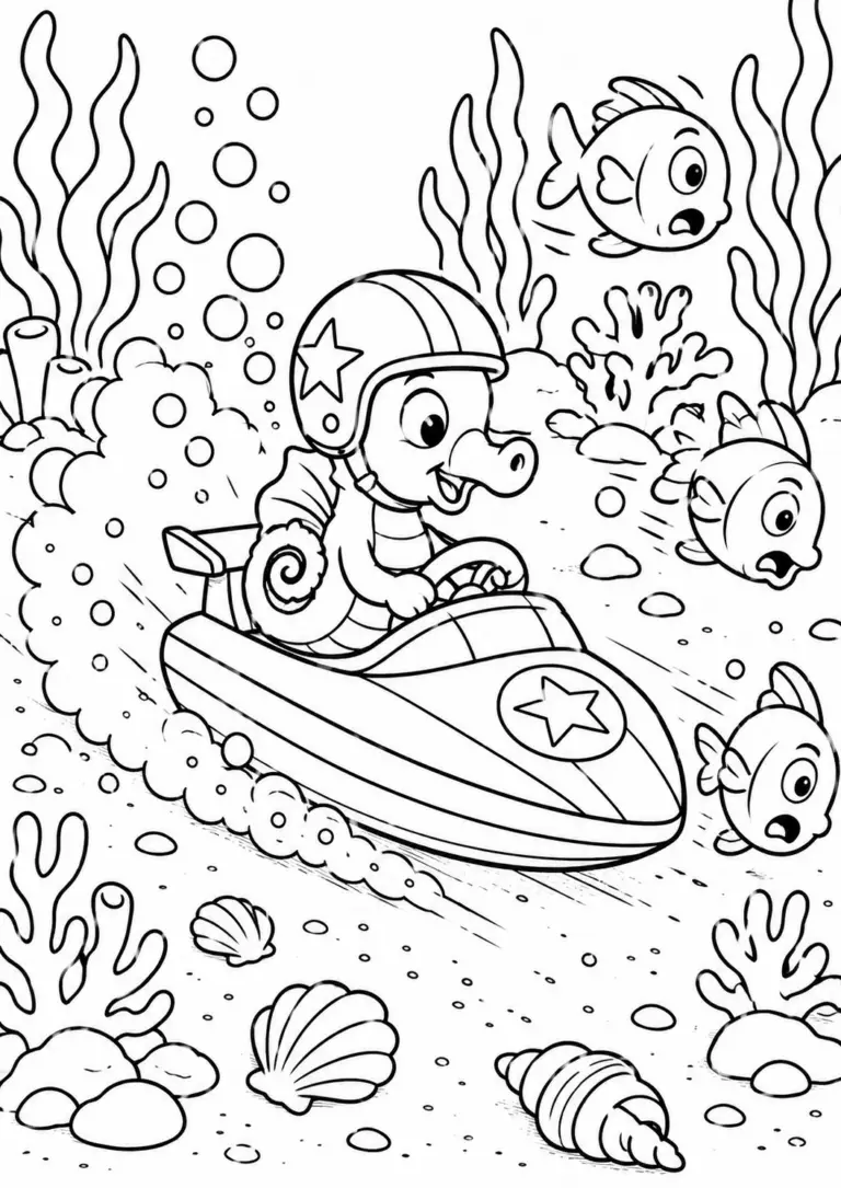 A playful seahorse riding a speedboat through an underwater scene. Surrounded by fish, coral, and seashells, this coloring page captures the excitement of ocean life, inviting kids to explore and color the vibrant marine environment.