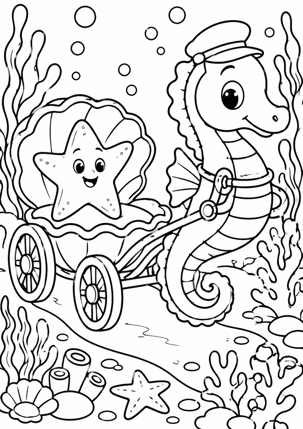 A cheerful seahorse with a starfish in a carriage, surrounded by coral and bubbles, inviting children to color and explore underwater fantasy.