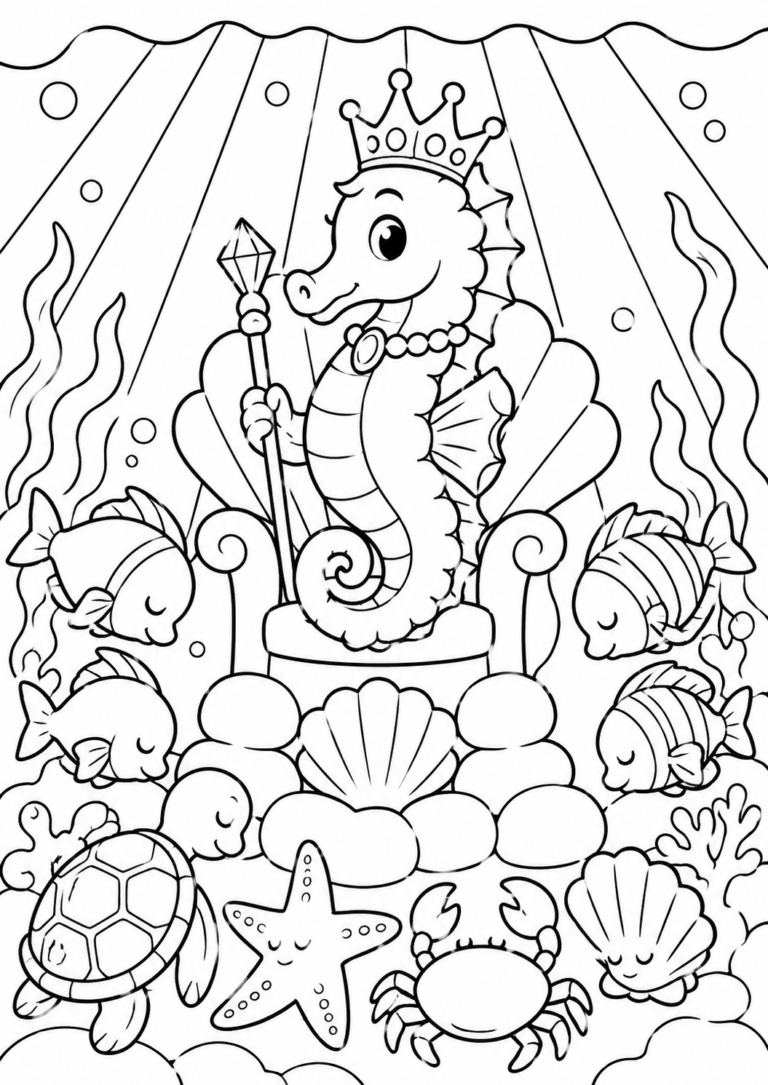 A coloring page featuring a majestic Seahorse King on a throne with fish, a turtle, starfish, and seashells in an enchanting underwater scene. Perfect for children's creative coloring activities.