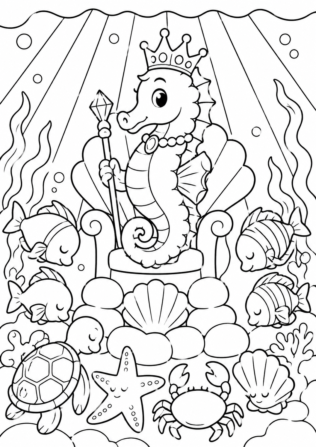 A coloring page featuring a majestic Seahorse King on a throne with fish, a turtle, starfish, and seashells in an enchanting underwater scene. Perfect for children's creative coloring activities.