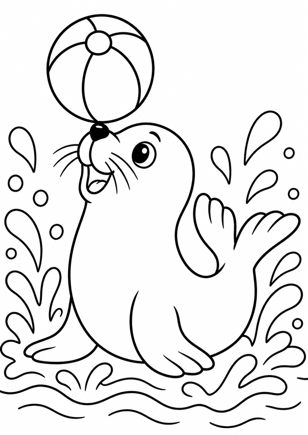 A playful seal balancing a beach ball on its nose amid splashes, perfect for kids’ coloring activities and creative fun.