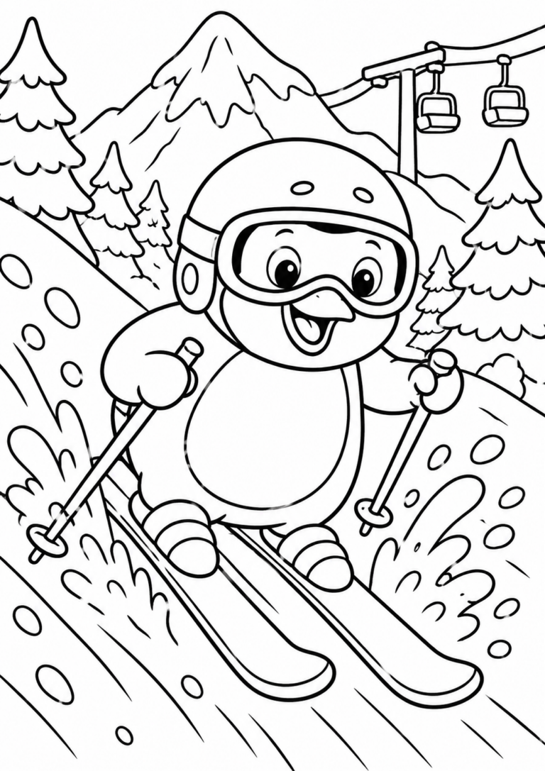 A fun and engaging coloring page featuring a cheerful penguin equipped with skiing gear, soaring gracefully down a snowy mountain with trees and mountains in the backdrop, ideal for children's coloring activities.