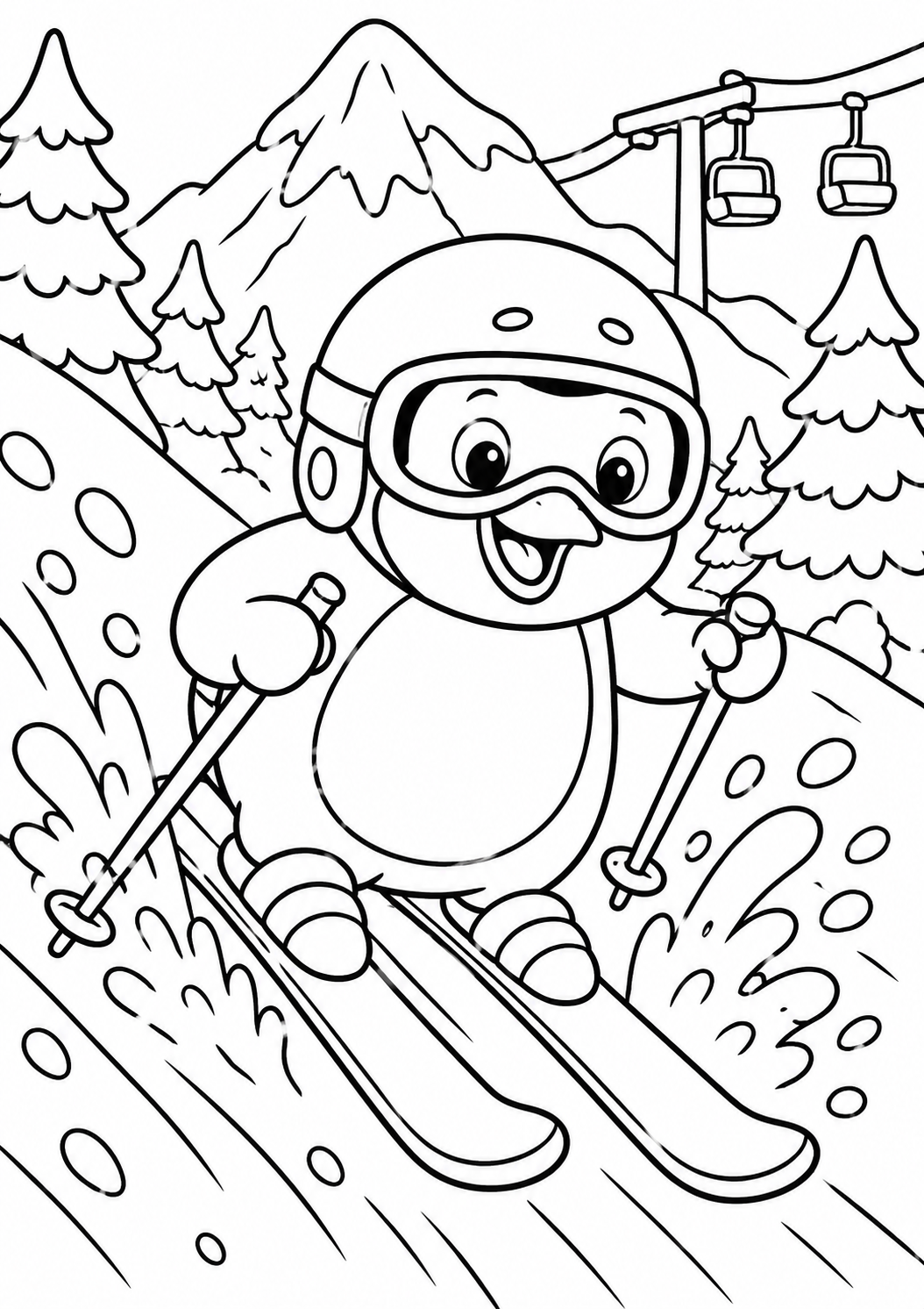 A fun and engaging coloring page featuring a cheerful penguin equipped with skiing gear, soaring gracefully down a snowy mountain with trees and mountains in the backdrop, ideal for children's coloring activities.