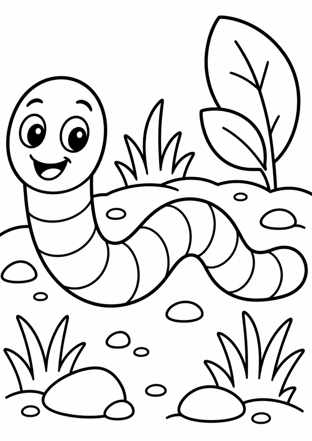 A cheerful worm with a smiling face rests on the ground surrounded by stones and grass in a garden. Ideal for children to color and enjoy a simple and fun drawing activity.