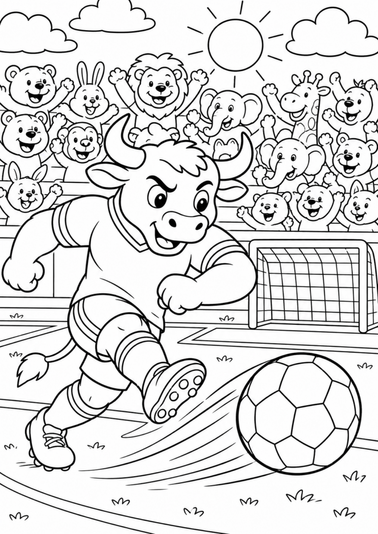 A cheerful bull in sports gear kicking a soccer ball on a field. Enthusiastic animal spectators, including elephants, lions, and more, cheer from the stands under a sunny sky.