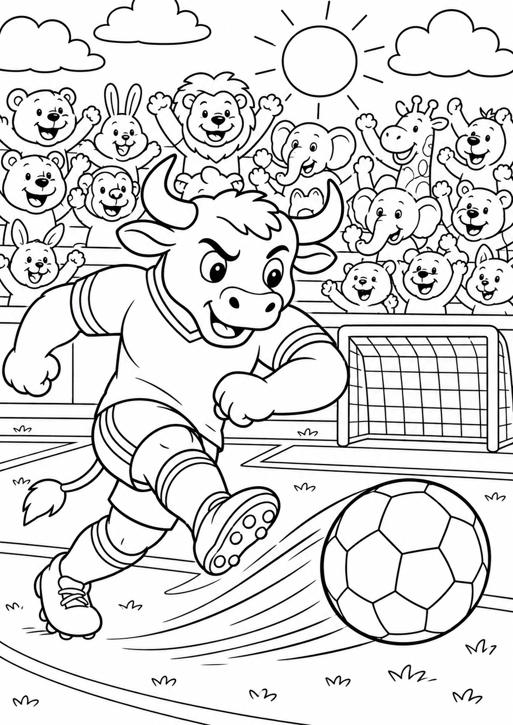 A cheerful bull in sports gear kicking a soccer ball on a field. Enthusiastic animal spectators, including elephants, lions, and more, cheer from the stands under a sunny sky.