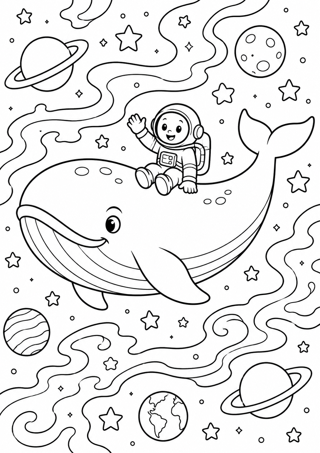 Children's coloring page with an astronaut on a whale, drifting through space among stars and planets, inviting imagination and creativity.