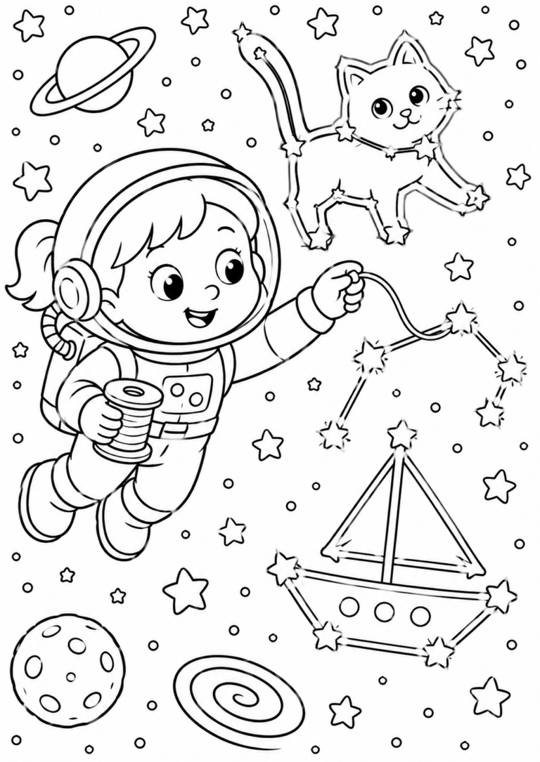 Coloring page showing a child astronaut floating in space with a constellation shaped like a cat, surrounded by stars and planets. Great for children's creativity and imagination.