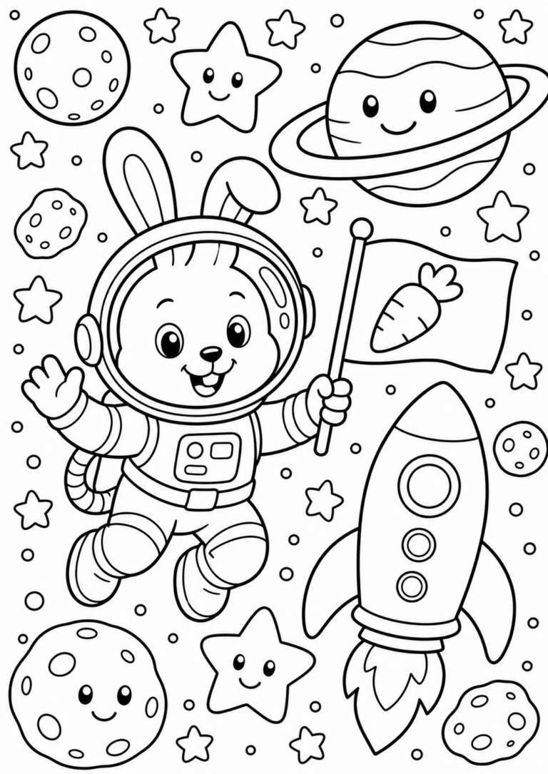 A cute astronaut bunny floats in space with a flag and smiling planets. Color-friendly stars and a rocket enhance the playful scene for kids.