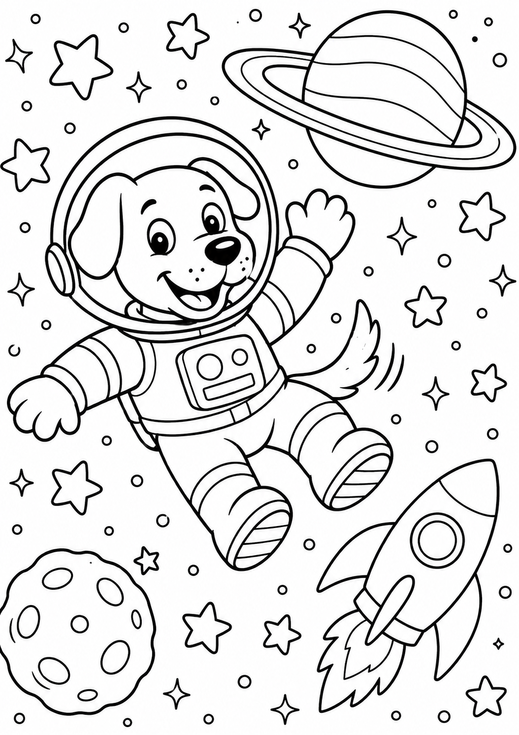 A delightful coloring page showing a cheerful dog in a spacesuit exploring outer space. Surrounded by stars, a ringed planet, a spaceship, and an asteroid, this scene captures a fun and imaginative adventure in the galaxy.