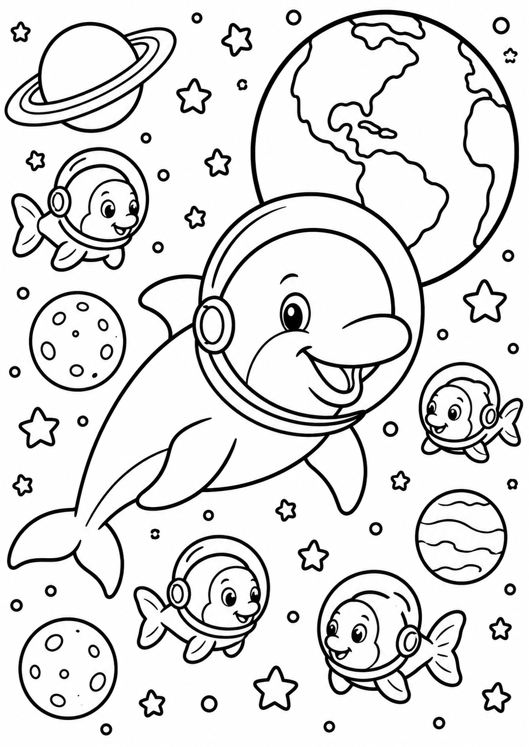 Illustration of playful dolphins wearing space helmets, swimming among stars and planets with Earth and celestial bodies as a cosmic background. Ideal for children who love space and marine life.