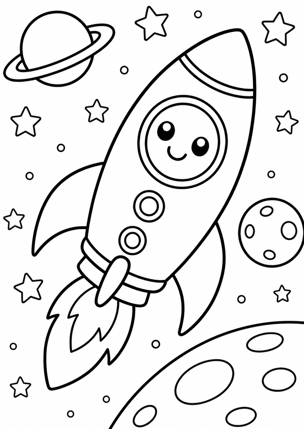 Coloring page of a cheerful space rocket with eyes, traveling through a star-filled sky with planets nearby, designed for children to enjoy and color.