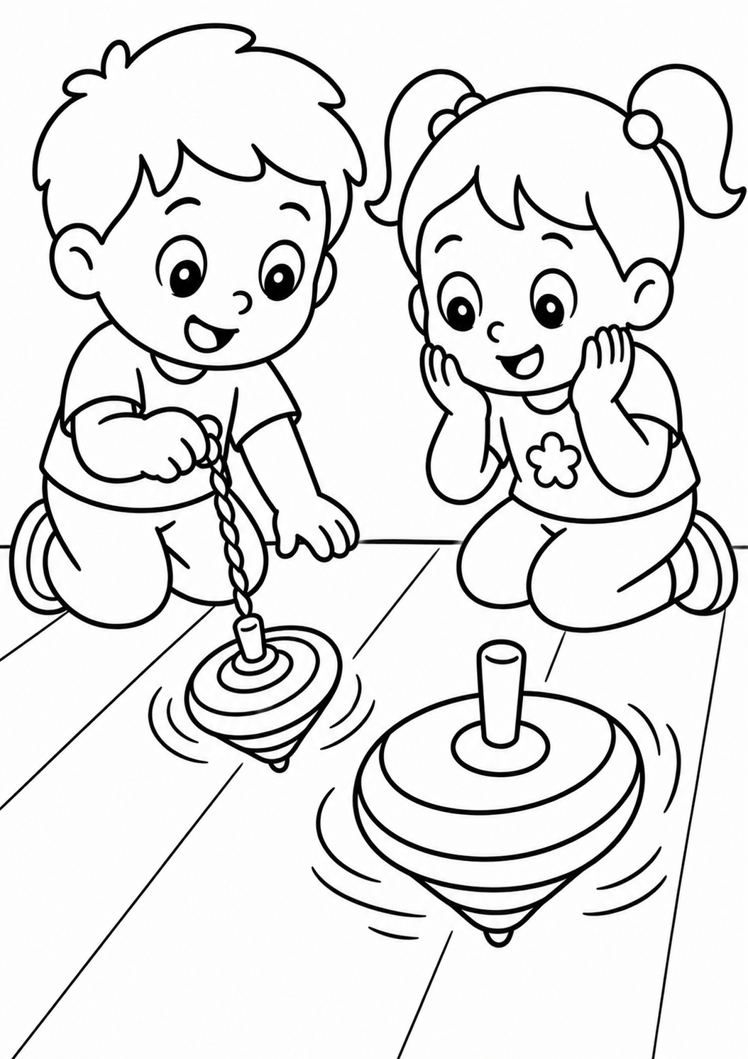 A coloring page showing two happy children playing with spinning tops, capturing their excitement and joy. Great for encouraging creativity in young artists during coloring activities.