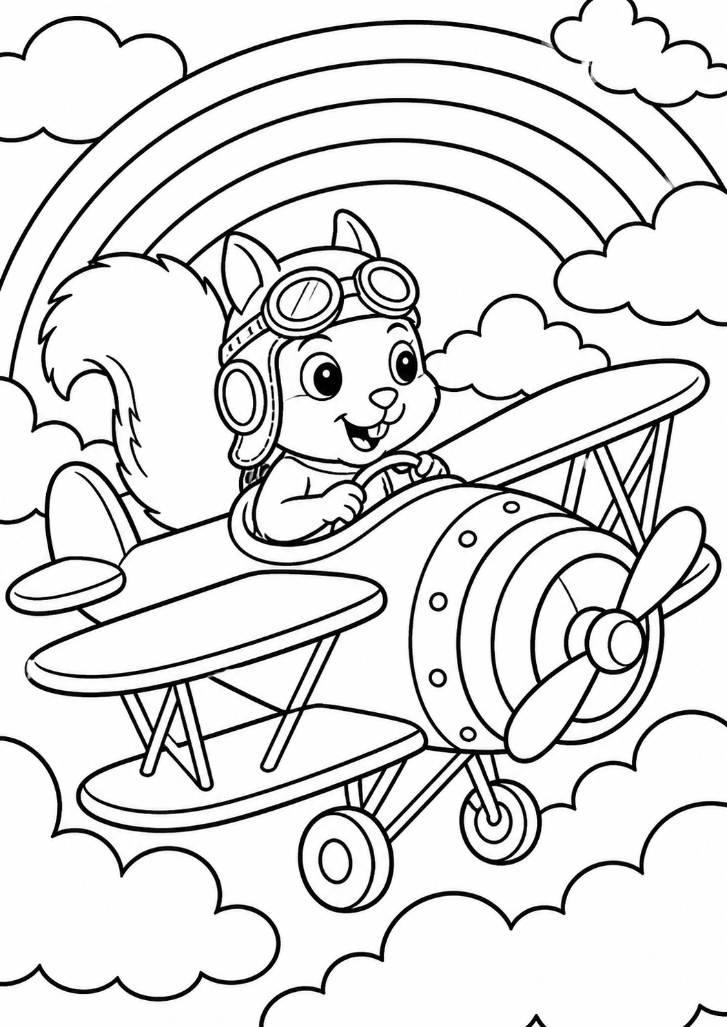 A cute squirrel dressed as a pilot flies a biplane through fluffy clouds, with a rainbow arching across the sky, creating an exciting and adventurous scene for children to color.