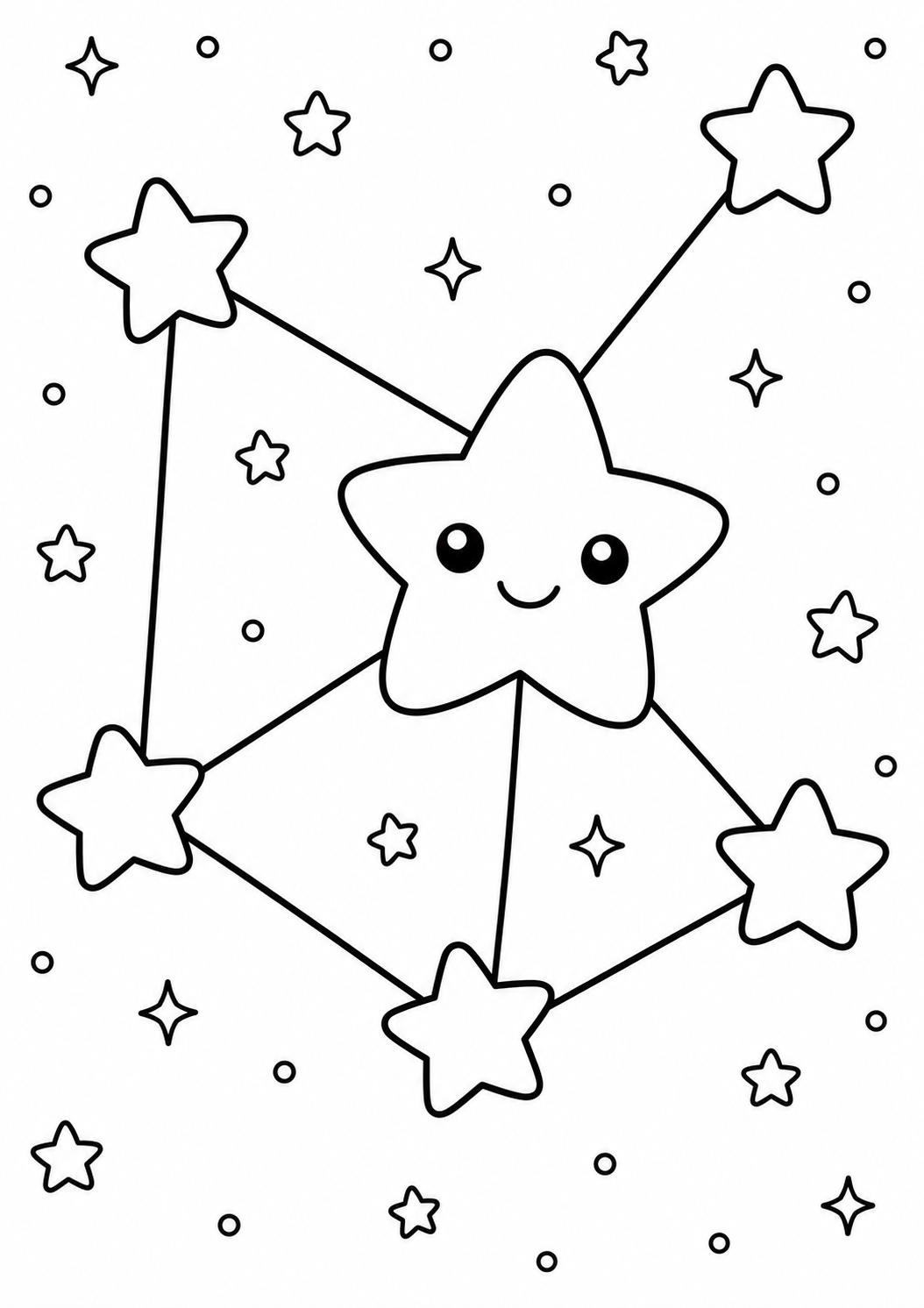 Coloring page depicting a friendly star constellation with smiling face, surrounded by smaller stars. Ideal for children interested in creativity and astronomy fun.