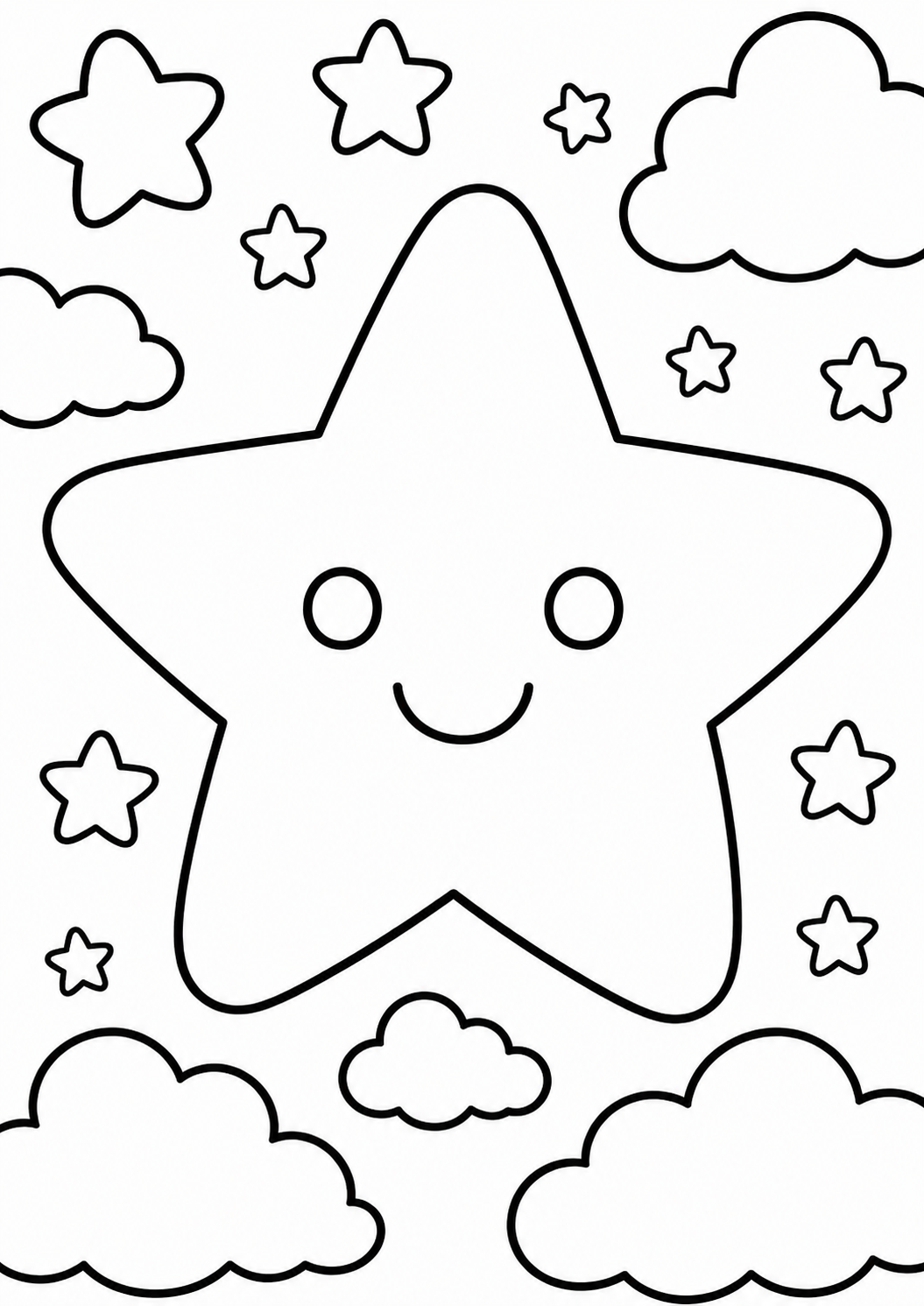 A cute coloring page of a smiling star with small stars and fluffy clouds around it, ideal for children's art activities.