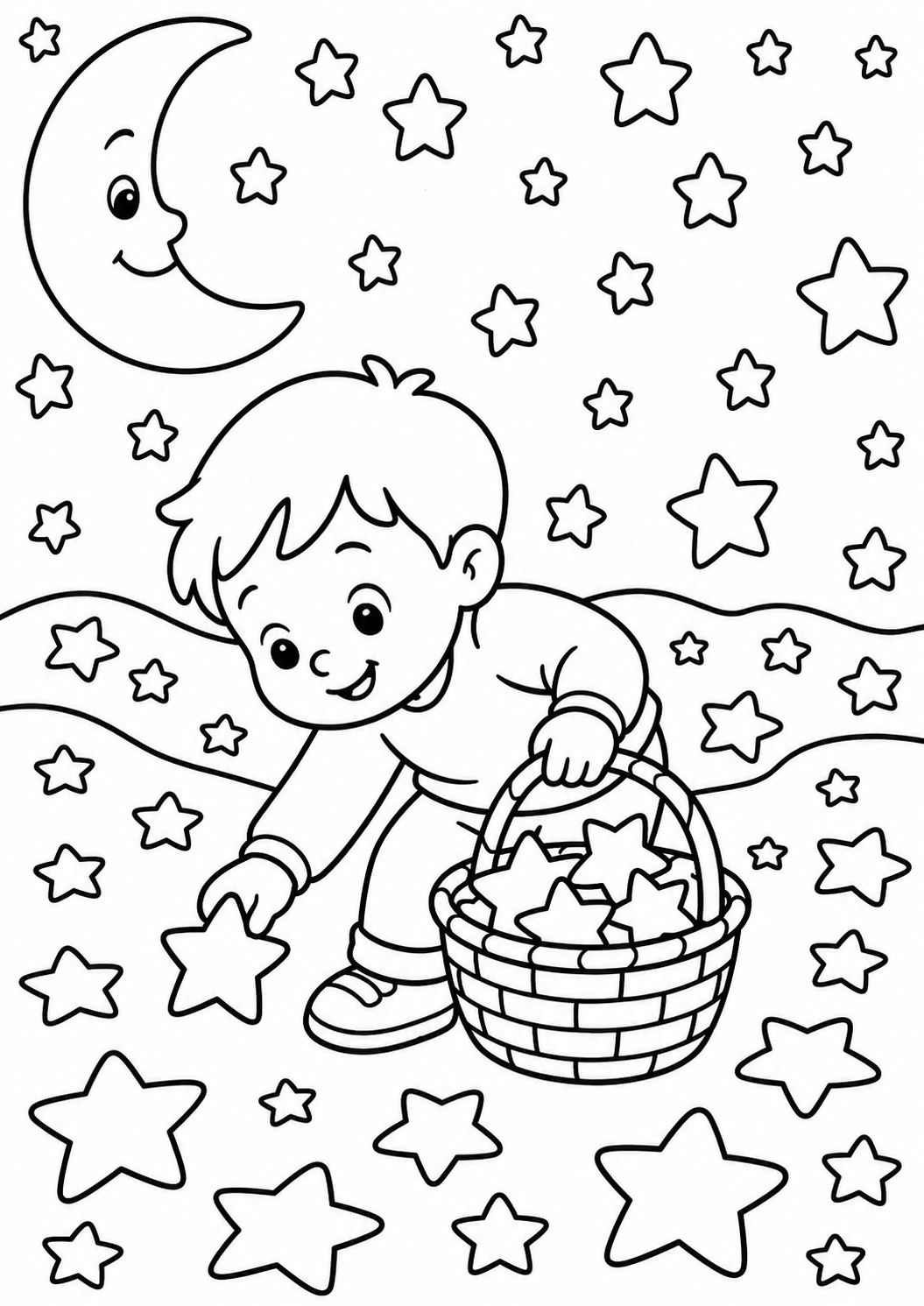 A smiling child collects stars in a basket under a crescent moon in a whimsical starry night scene. Various sizes of stars surround the child, creating a magical atmosphere.