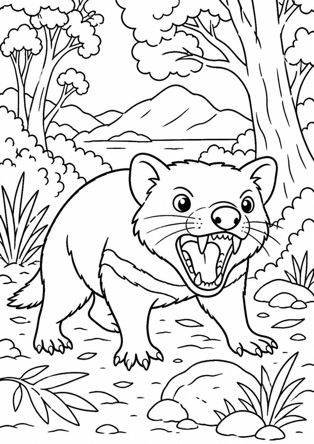 A coloring page showing a Tasmanian Devil standing fiercely in a natural forest environment, surrounded by trees and mountains in the background.