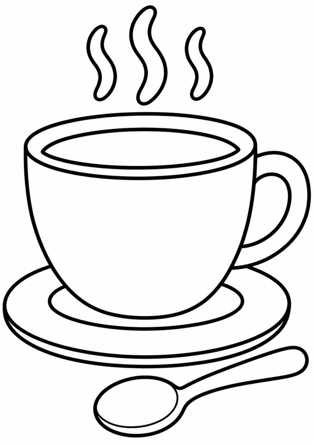 A children’s coloring page displaying a tea cup on a saucer with steam rising. A spoon is placed beside the cup, providing extra coloring elements. This simple design invites kids to use their imagination and creativity to add colors to the scene.