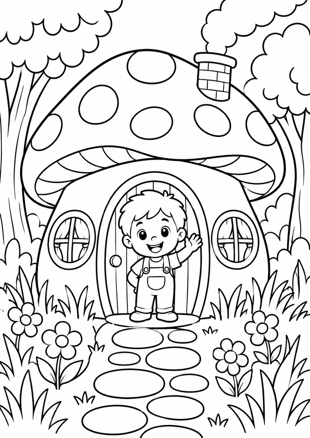 A cheerful child stands by a magical toadstool house, surrounded by trees and flowers, ready to be brought to life with colors in this enchanting fairy tale scene.