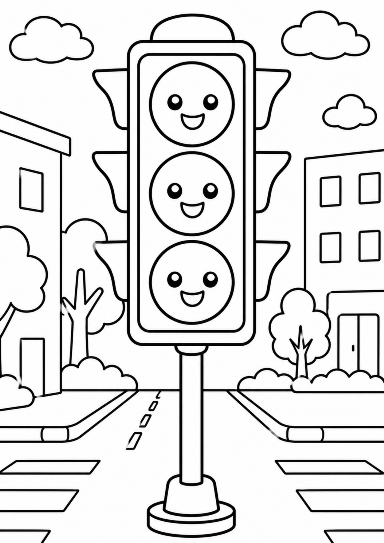 A cheerful coloring page depicting a cartoon-style traffic light with smiling lights. Set in a simple urban environment with buildings, trees, and clouds, it engages children in learning about traffic signals while being a fun coloring activity.