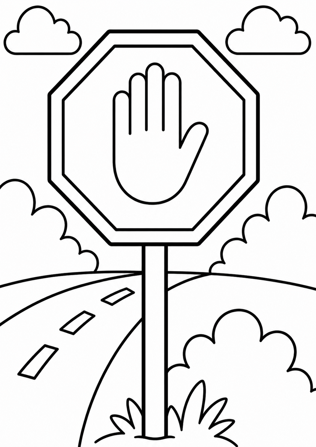 A coloring page showing a traffic sign with a hand symbol, set against a road backdrop with clouds and bushes. Designed for kids to color while learning about road safety.