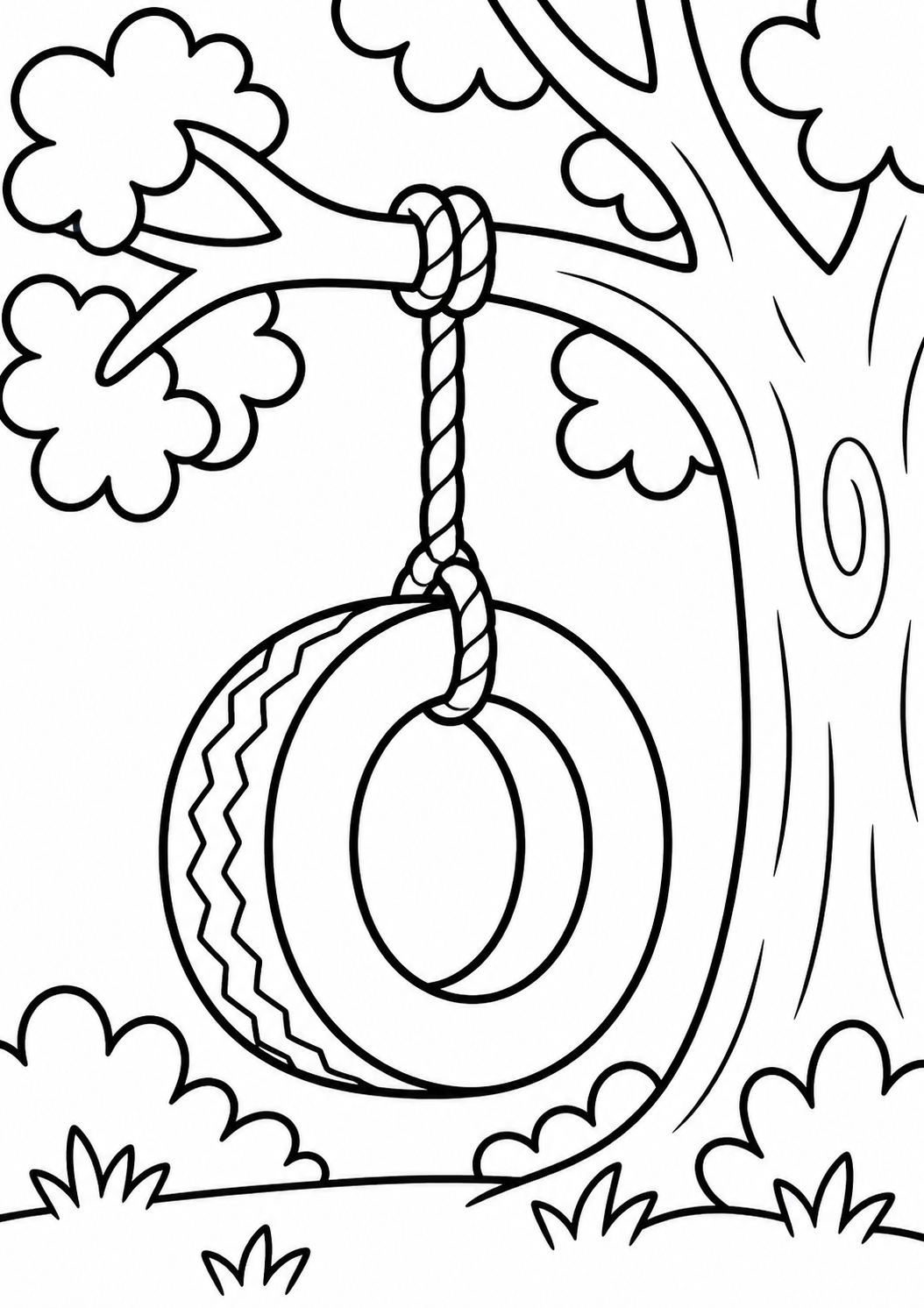 A coloring page depicting a tree with a tire swing hanging from a branch. The tree is surrounded by bushes and has big fluffy leaves, offering a playful and natural scene for children to enjoy coloring.