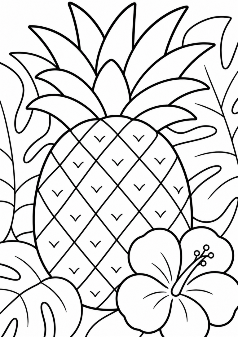 A detailed coloring page showing a tropical scene with a large pineapple surrounded by lush leaves and a hibiscus flower. Children can explore their creativity and learn about tropical plants while coloring this intricate page.
