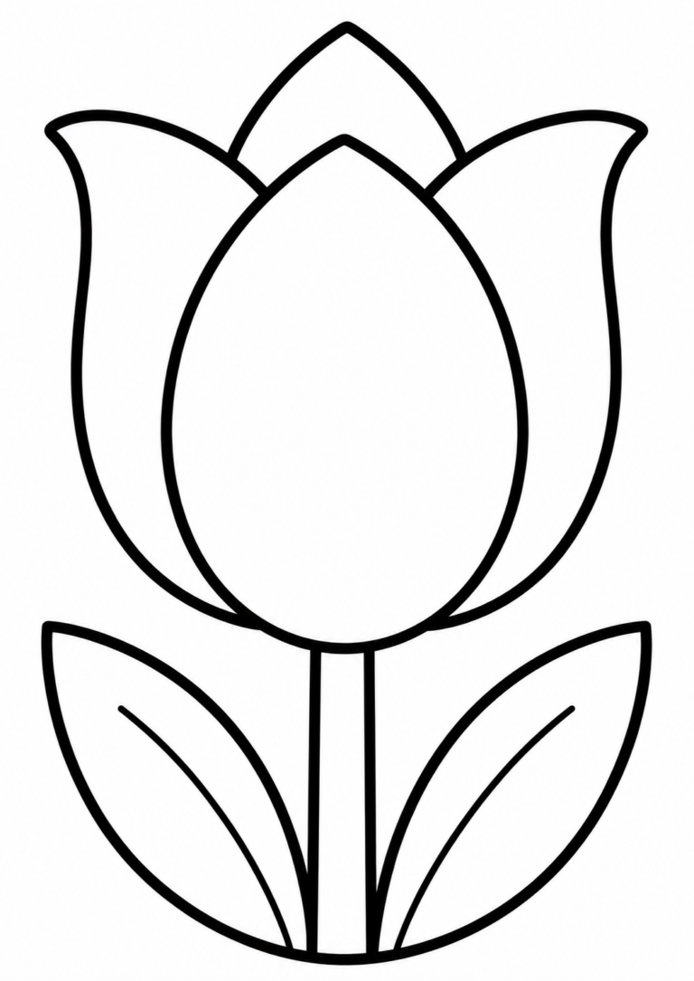 A simple outline of a tulip with wide open petals and two leaves, ideal for kids to color and express creativity.