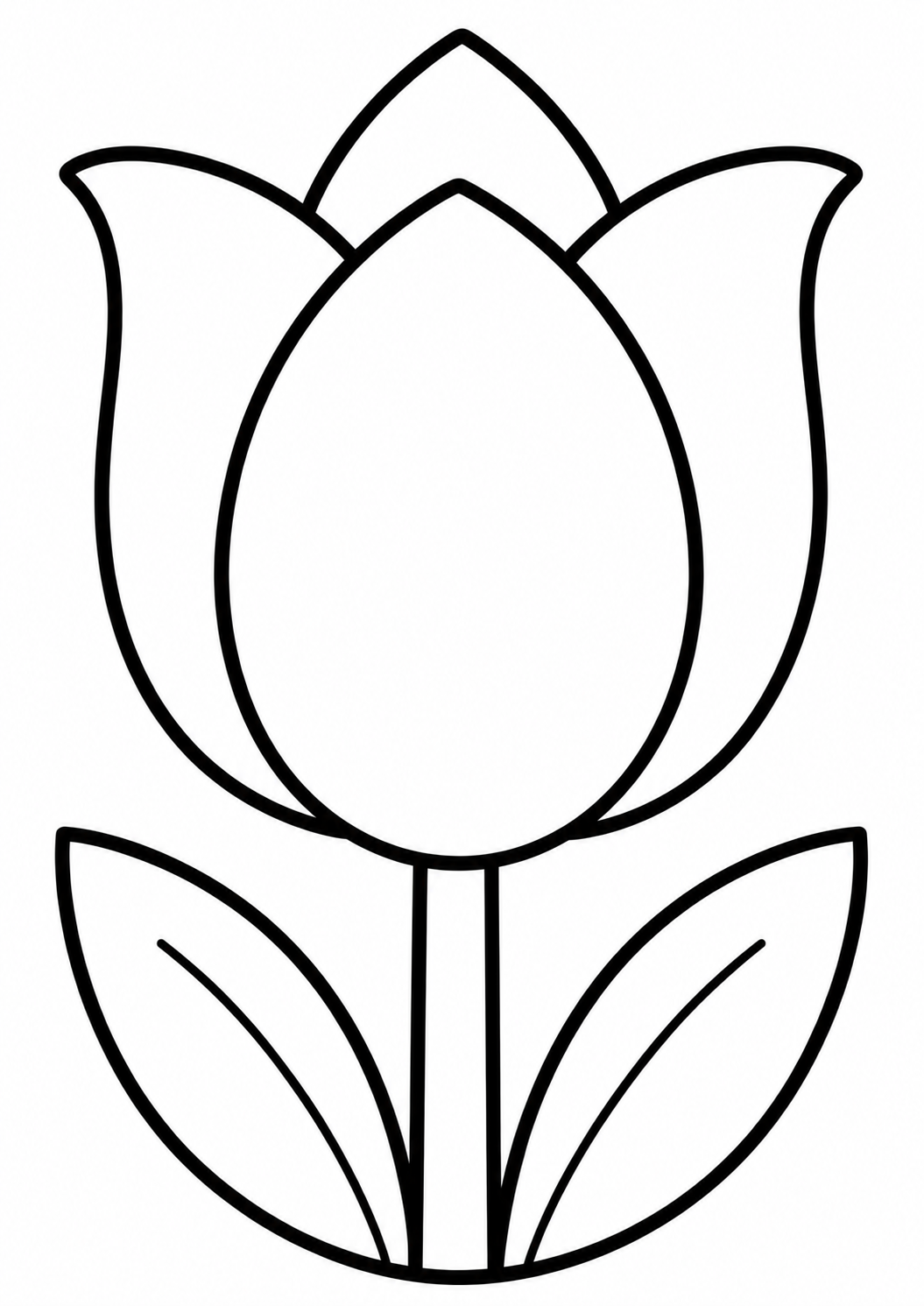 A simple outline of a tulip with wide open petals and two leaves, ideal for kids to color and express creativity.