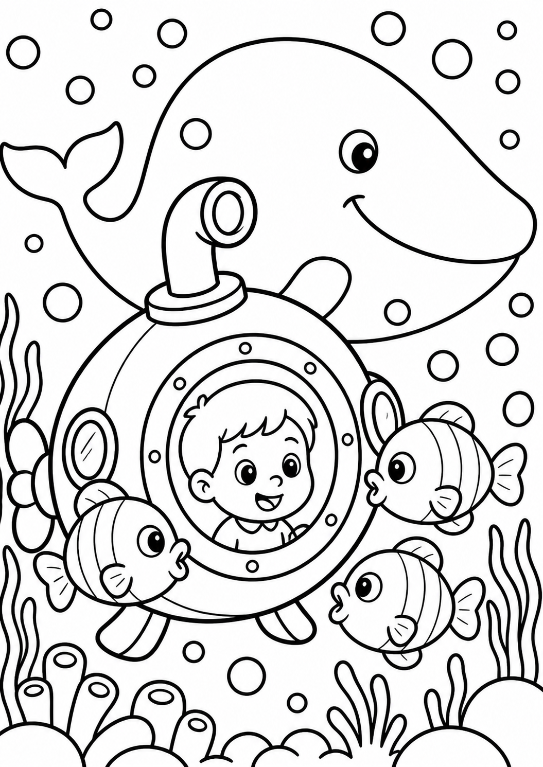 A playful coloring page showing a child in a submarine underwater. The scene includes smiling fish, a friendly whale, and coral, providing an imaginative and adventurous sea life experience for children.