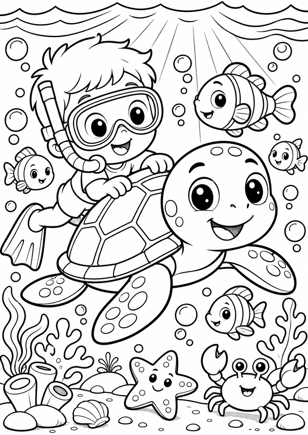 Coloring page of a child with snorkel gear riding a sea turtle, surrounded by playful fish, a crab, a starfish, and coral in a joyful underwater scene.