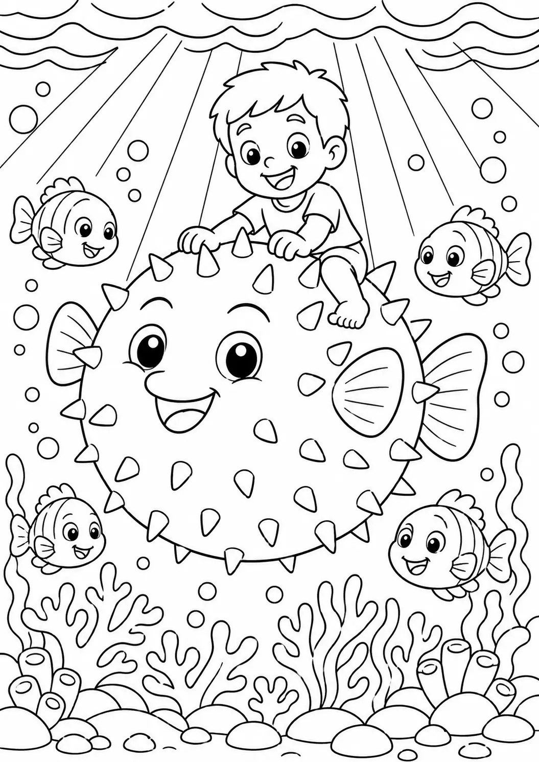 A child riding a happy pufferfish in an underwater scene with cheerful fish, surrounded by a vibrant coral reef, perfect for children's coloring activities.