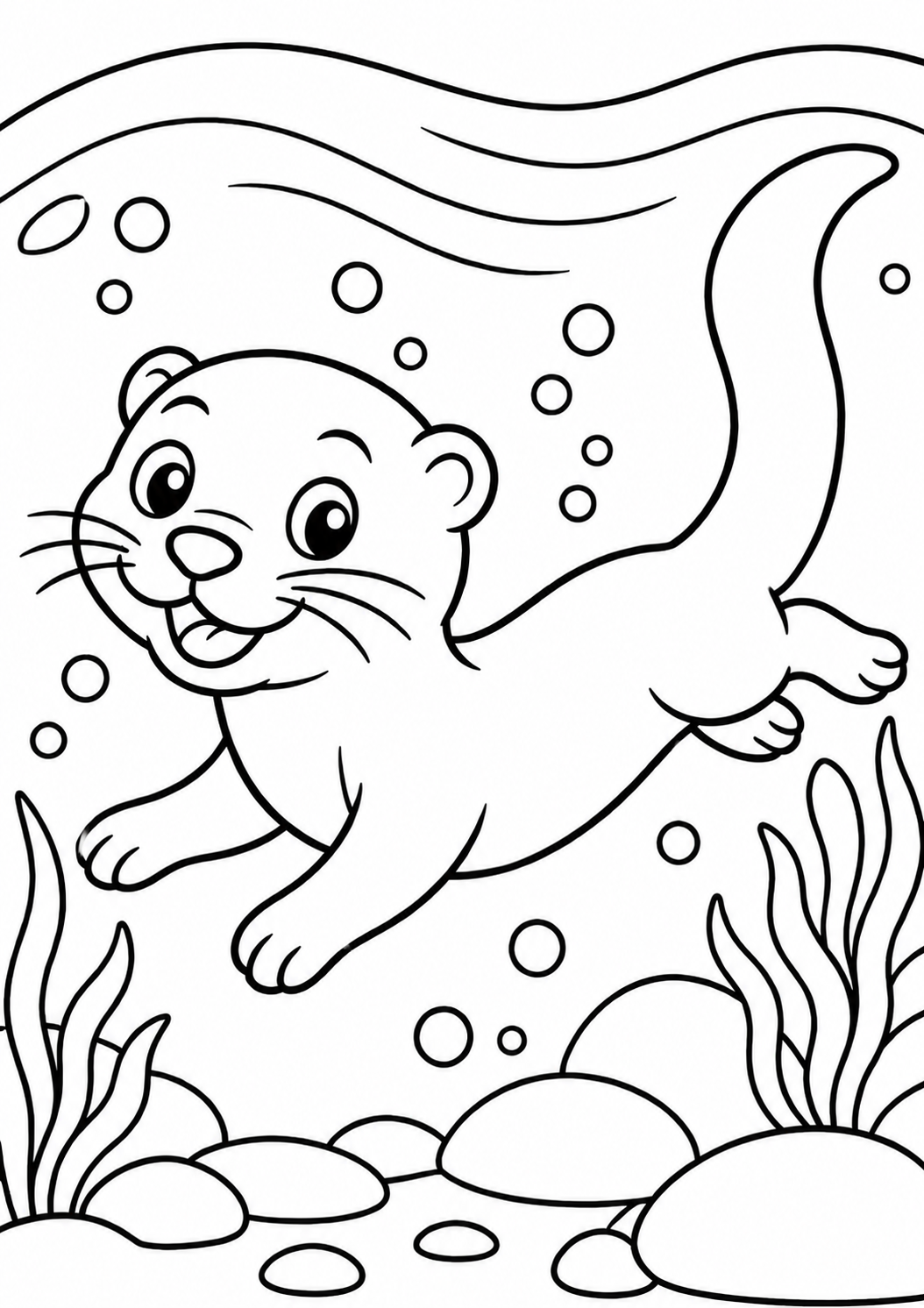A friendly otter swims underwater, surrounded by bubbles and aquatic plants, perfect for a children's coloring activity.